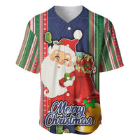 Kiribati Christmas Baseball Jersey Santa With Gift Bag Behind Ribbons Seamless Blue Maori LT03 Blue - Polynesian Pride