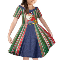 Kiribati Christmas Family Matching Off Shoulder Long Sleeve Dress and Hawaiian Shirt Santa With Gift Bag Behind Ribbons Seamless Blue Maori LT03 Daughter's Dress Blue - Polynesian Pride
