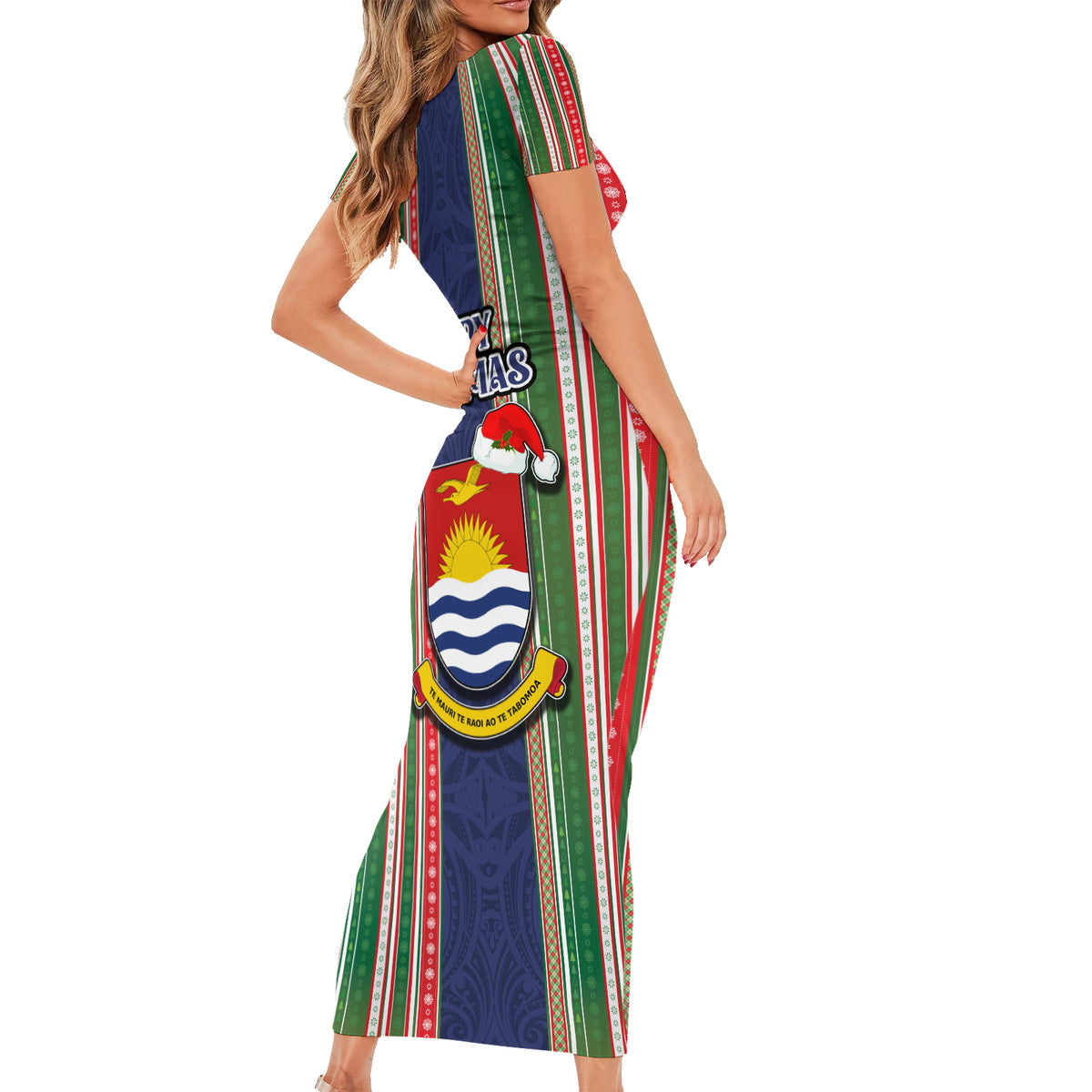 Kiribati Christmas Family Matching Short Sleeve Bodycon Dress and Hawaiian Shirt Santa With Gift Bag Behind Ribbons Seamless Blue Maori LT03 - Polynesian Pride