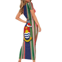 Kiribati Christmas Family Matching Short Sleeve Bodycon Dress and Hawaiian Shirt Santa With Gift Bag Behind Ribbons Seamless Blue Maori LT03 - Polynesian Pride