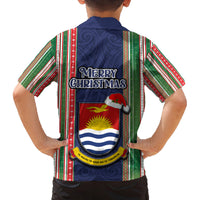 Kiribati Christmas Family Matching Summer Maxi Dress and Hawaiian Shirt Santa With Gift Bag Behind Ribbons Seamless Blue Maori LT03 - Polynesian Pride