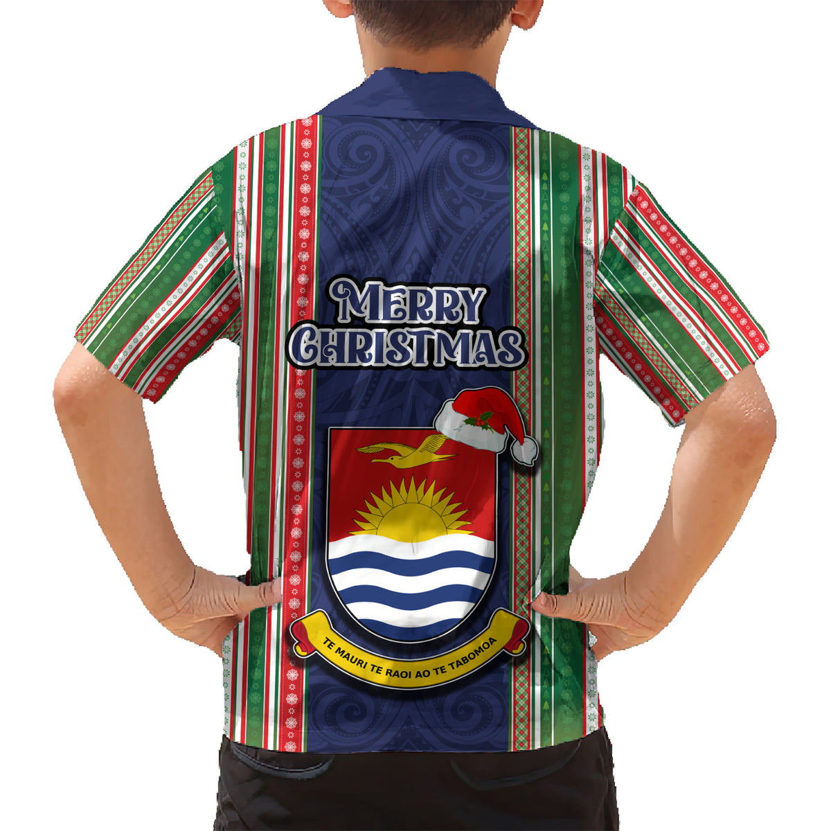Kiribati Christmas Kid Hawaiian Shirt Santa With Gift Bag Behind Ribbons Seamless Blue Maori LT03 - Polynesian Pride
