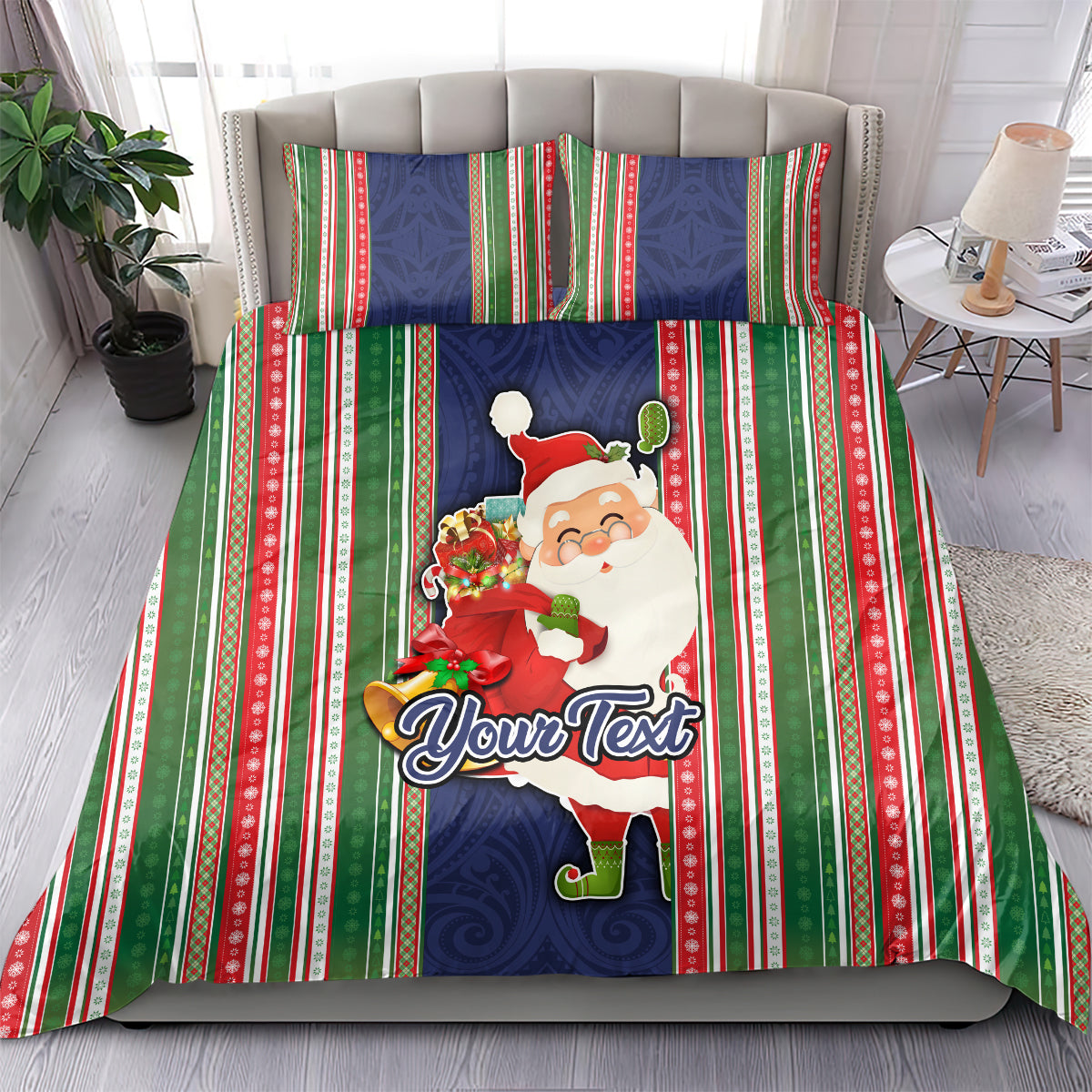 Custom Kiribati Christmas Bedding Set Santa With Gift Bag Behind Ribbons Seamless Blue Maori LT03 - Polynesian Pride