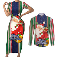 Custom Kiribati Christmas Couples Matching Short Sleeve Bodycon Dress and Long Sleeve Button Shirts Santa With Gift Bag Behind Ribbons Seamless Blue Maori LT03 Blue - Polynesian Pride