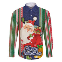 Custom Kiribati Christmas Family Matching Off Shoulder Short Dress and Hawaiian Shirt Santa With Gift Bag Behind Ribbons Seamless Blue Maori LT03 Dad's Shirt - Long Sleeve Blue - Polynesian Pride