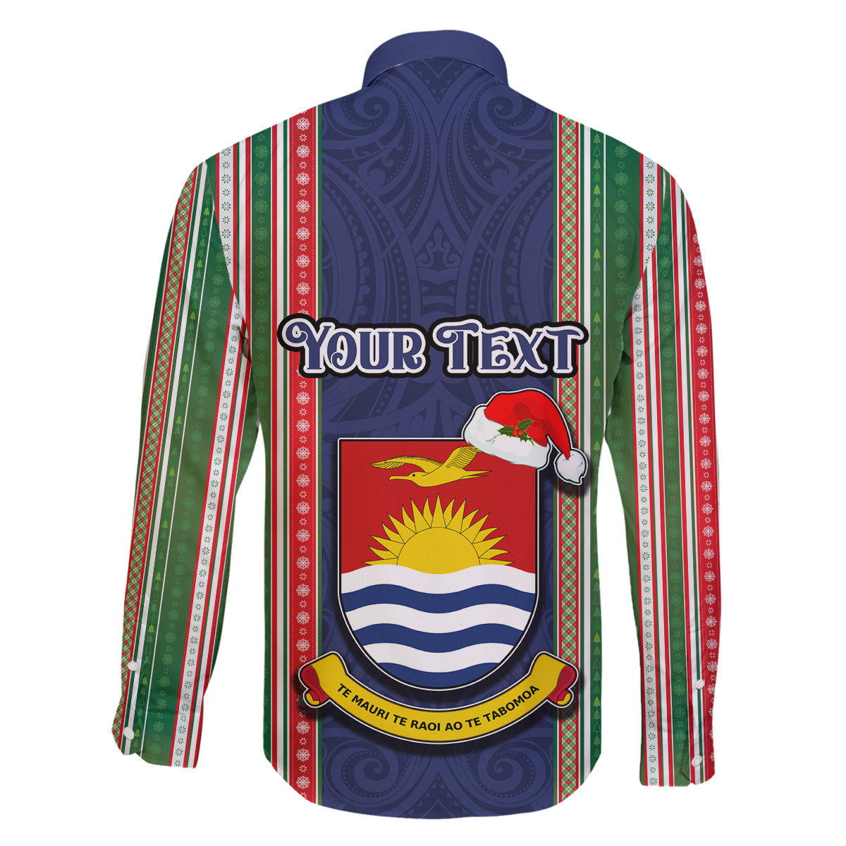 Custom Kiribati Christmas Family Matching Off Shoulder Short Dress and Hawaiian Shirt Santa With Gift Bag Behind Ribbons Seamless Blue Maori LT03 - Polynesian Pride