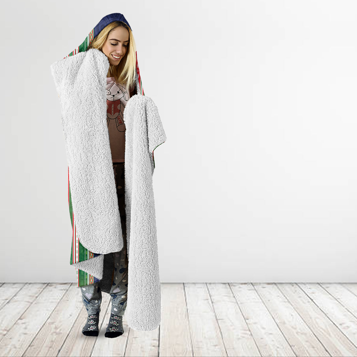 Custom Kiribati Christmas Hooded Blanket Santa With Gift Bag Behind Ribbons Seamless Blue Maori LT03 - Polynesian Pride