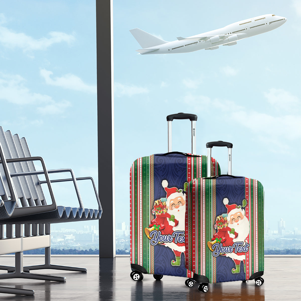 Custom Kiribati Christmas Luggage Cover Santa With Gift Bag Behind Ribbons Seamless Blue Maori LT03 - Polynesian Pride