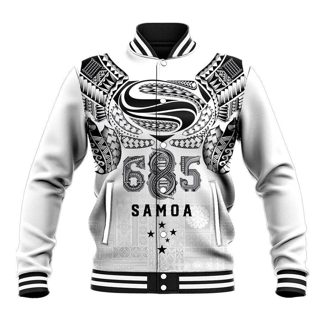 Super Samoa 685 Tribal Tattoo Baseball Jacket Siapo Pattern White Edition LT03 Unisex White - Polynesian Pride