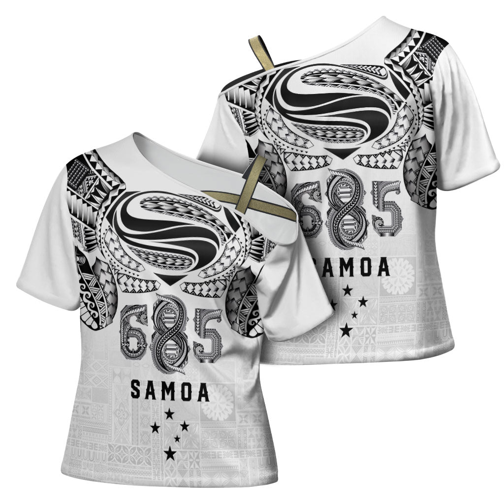 Super Samoa 685 Tribal Tattoo Cross Shoulder Shirt Siapo Pattern White Edition LT03 - Polynesian Pride