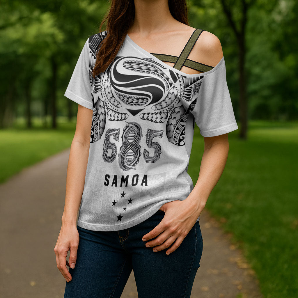 Super Samoa 685 Tribal Tattoo Cross Shoulder Shirt Siapo Pattern White Edition LT03 - Polynesian Pride