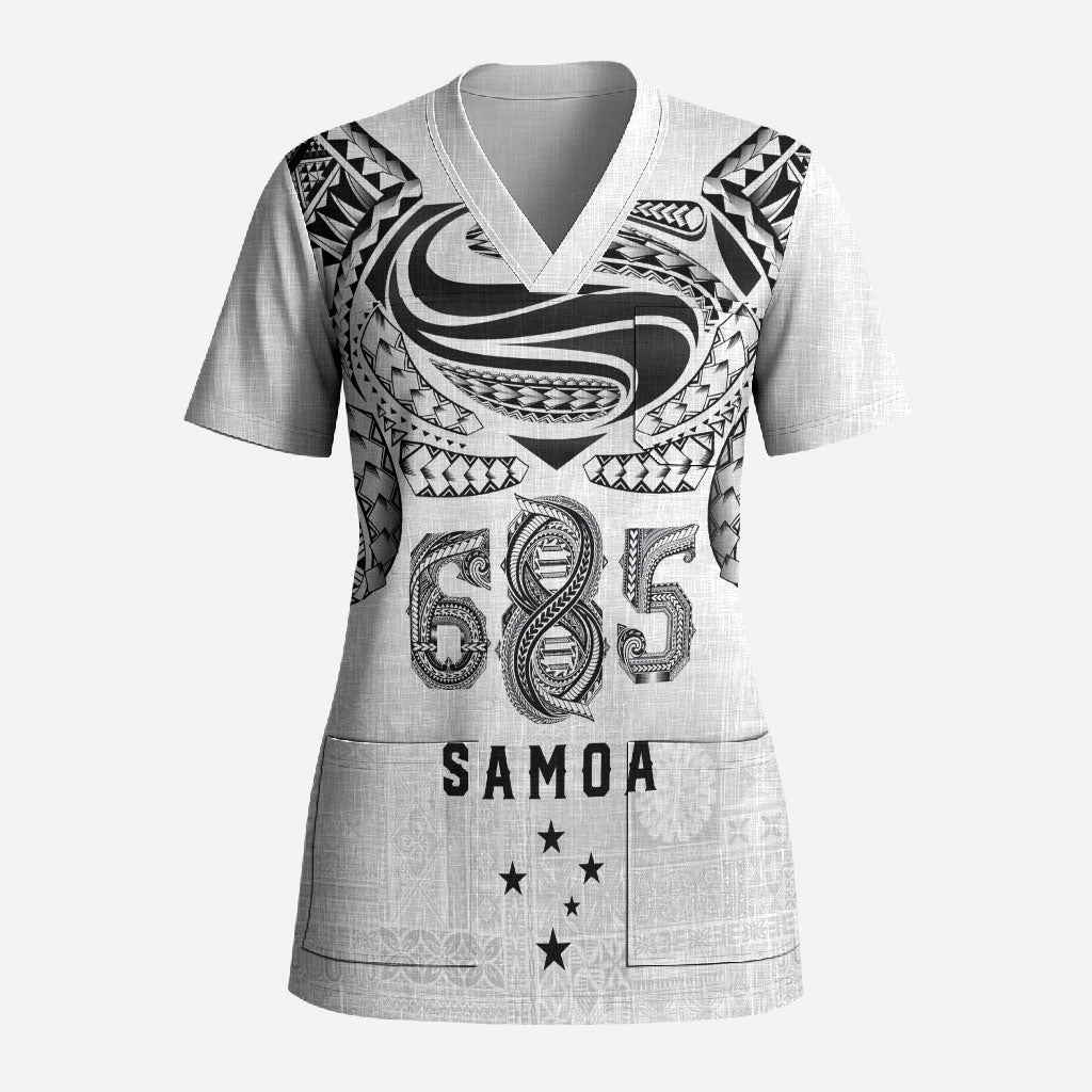 Super Samoa 685 Tribal Tattoo Scrub Top Siapo Pattern White Edition LT03 Adult White - Polynesian Pride