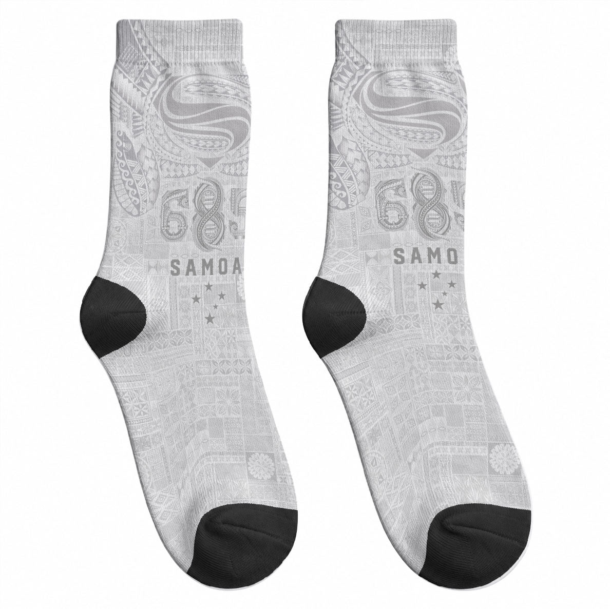Super Samoa 685 Tribal Tattoo Crew Socks Siapo Pattern All-White Edition LT03 - Polynesian Pride
