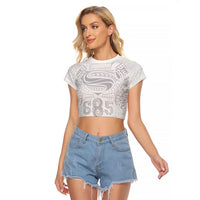 Super Samoa 685 Tribal Tattoo Raglan Cropped T Shirt Siapo Pattern All-White Edition LT03 Female White - Polynesian Pride