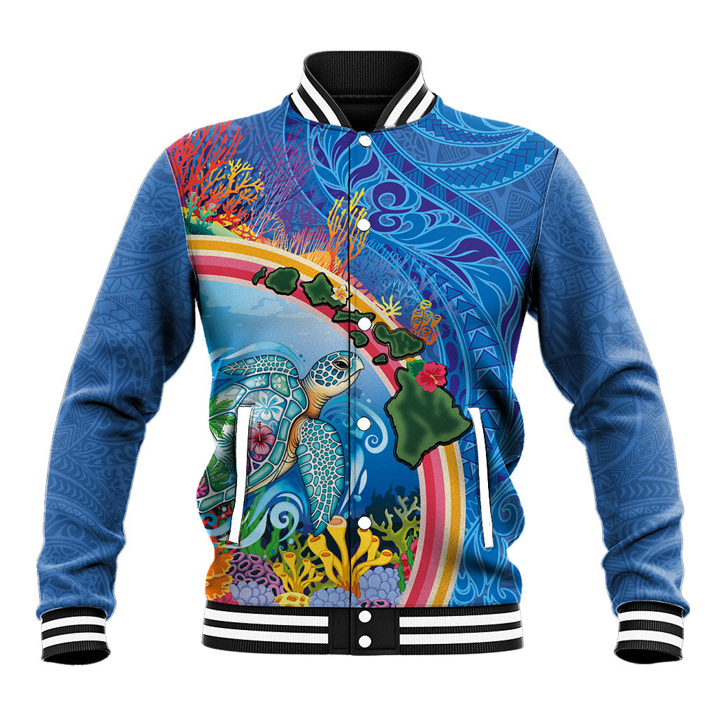 Hawaiian Connecting with the Ocean Baseball Jacket Polynesian Pattern LT03 Unisex Blue - Polynesian Pride