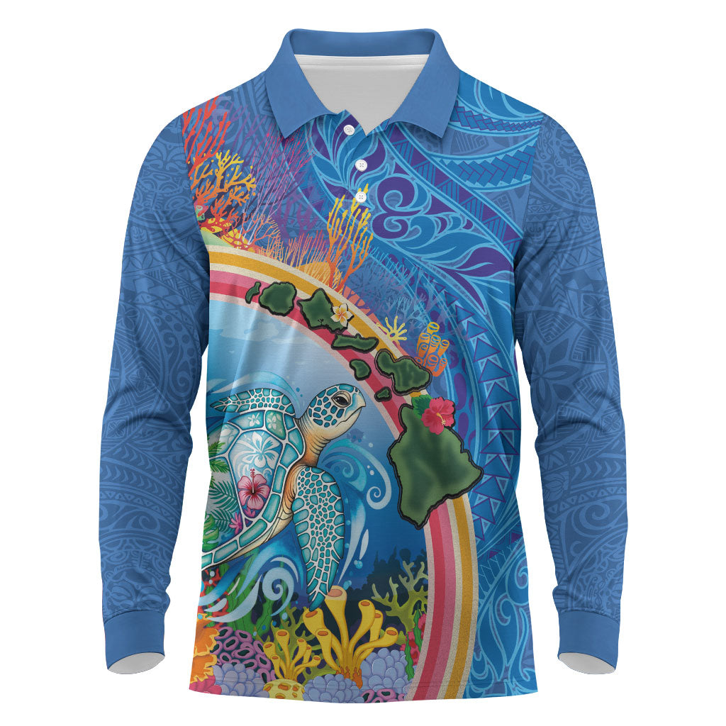 Hawaiian Connecting with the Ocean Long Sleeve Polo Shirt Polynesian Pattern LT03 Blue - Polynesian Pride