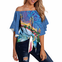 Hawaiian Connecting with the Ocean Off Shoulder Wrap Waist Top Polynesian Pattern LT03 Blue - Polynesian Pride