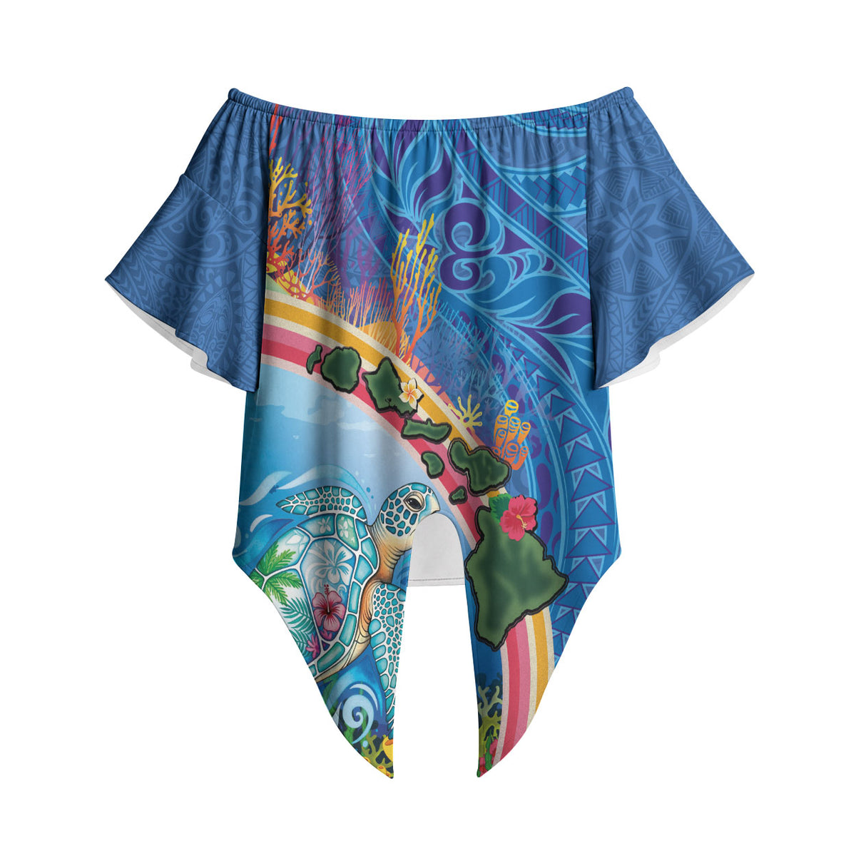Hawaiian Connecting with the Ocean Off Shoulder Wrap Waist Top Polynesian Pattern LT03 - Polynesian Pride