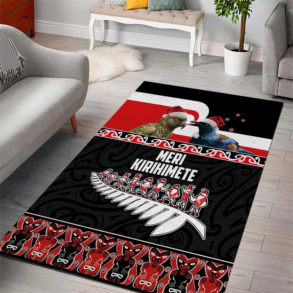 New Zealand Meri Kirihimete Area Rug Christmas Tui Bird and Kea Bird - Haka Santa with Maori Koru Art Pattern LT03 - Polynesian Pride