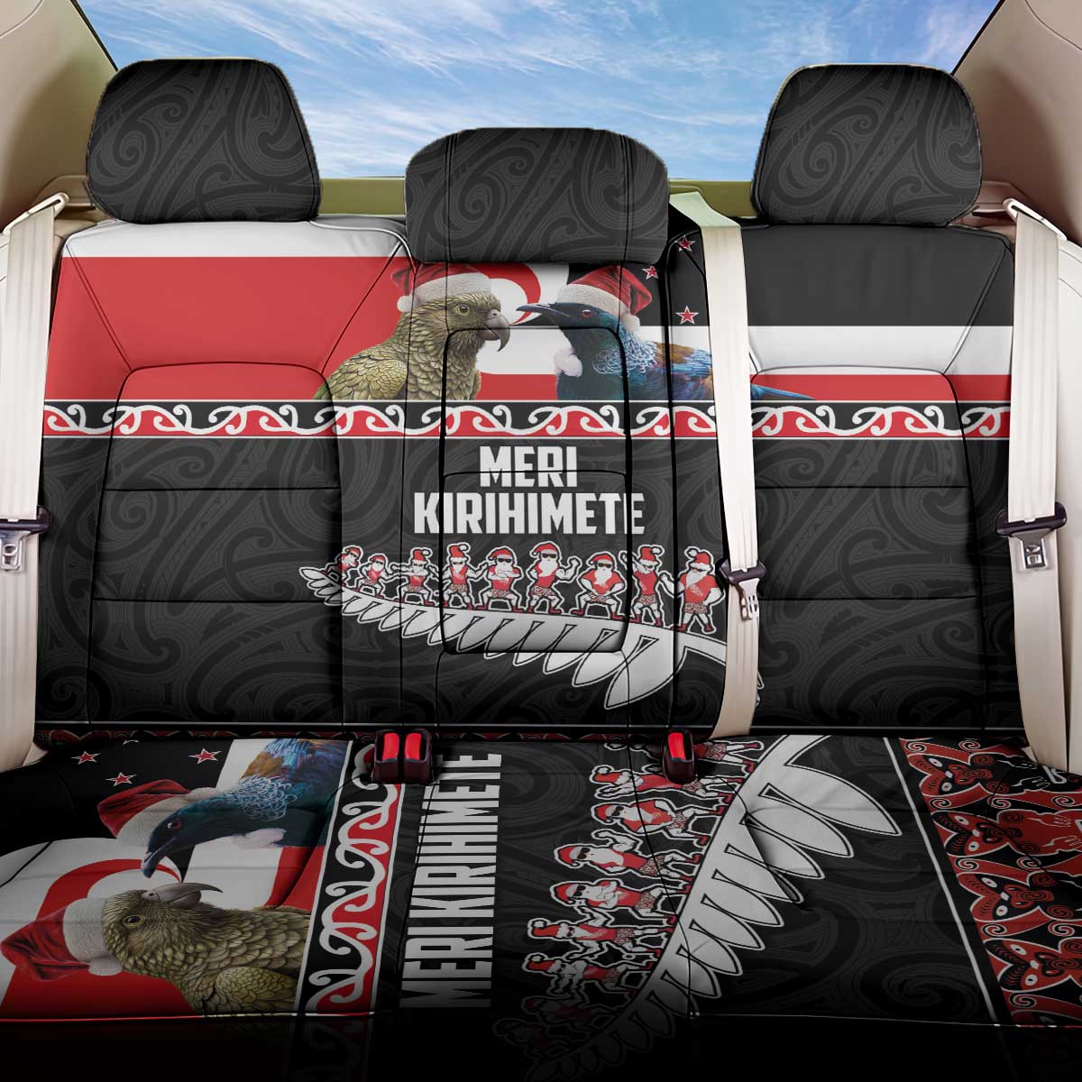 New Zealand Meri Kirihimete Back Car Seat Cover Christmas Tui Bird and Kea Bird - Haka Santa with Maori Koru Art Pattern LT03 One Size Black - Polynesian Pride