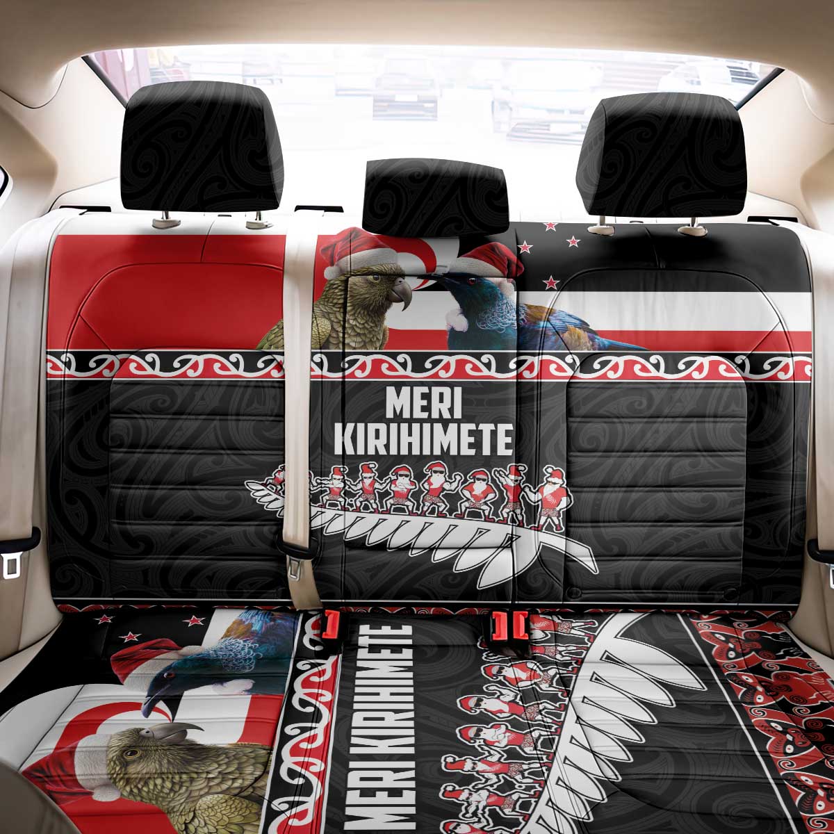 New Zealand Meri Kirihimete Back Car Seat Cover Christmas Tui Bird and Kea Bird - Haka Santa with Maori Koru Art Pattern LT03 - Polynesian Pride