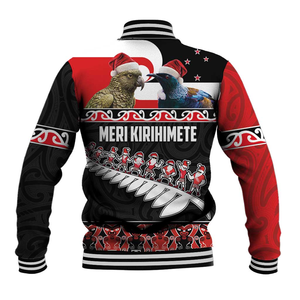 New Zealand Meri Kirihimete Baseball Jacket Christmas Tui Bird and Kea Bird - Haka Santa with Maori Koru Art Pattern LT03 - Polynesian Pride