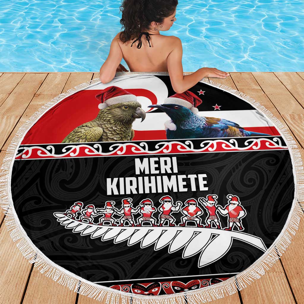 New Zealand Meri Kirihimete Beach Blanket Christmas Tui Bird and Kea Bird - Haka Santa with Maori Koru Art Pattern LT03 - Polynesian Pride