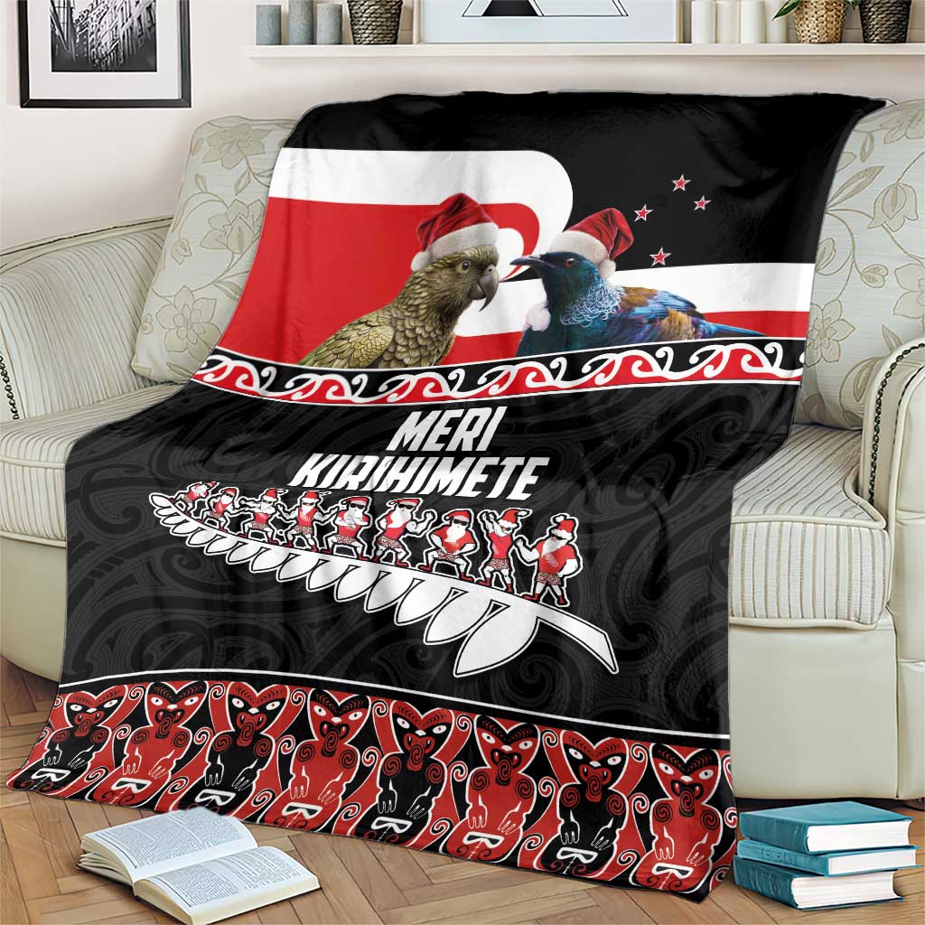 New Zealand Meri Kirihimete Blanket Christmas Tui Bird and Kea Bird - Haka Santa with Maori Koru Art Pattern LT03 - Polynesian Pride