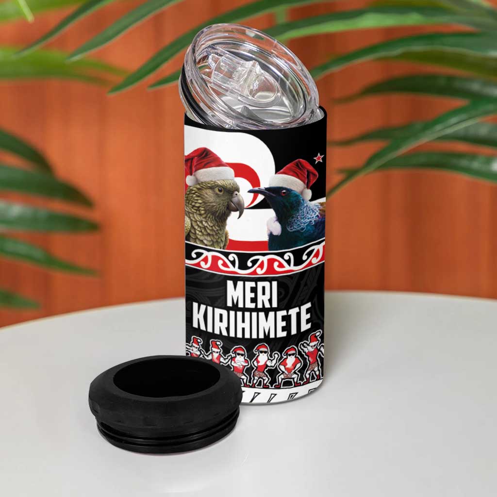 New Zealand Meri Kirihimete 4 in 1 Can Cooler Tumbler Christmas Tui Bird and Kea Bird - Haka Santa with Maori Koru Art Pattern LT03 - Polynesian Pride