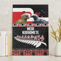 New Zealand Meri Kirihimete Canvas Wall Art Christmas Tui Bird and Kea Bird - Haka Santa with Maori Koru Art Pattern LT03 Without Frame Black - Polynesian Pride