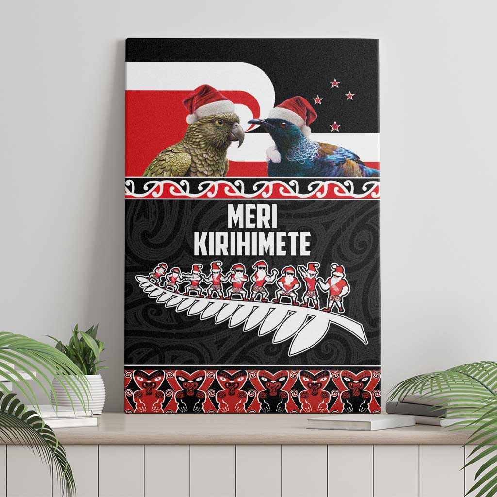 New Zealand Meri Kirihimete Canvas Wall Art Christmas Tui Bird and Kea Bird - Haka Santa with Maori Koru Art Pattern LT03 - Polynesian Pride