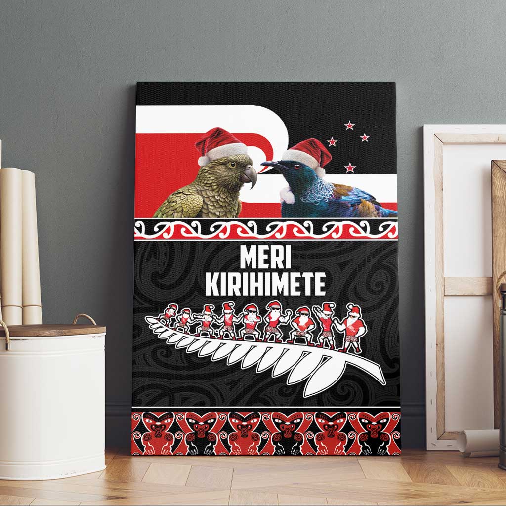 New Zealand Meri Kirihimete Canvas Wall Art Christmas Tui Bird and Kea Bird - Haka Santa with Maori Koru Art Pattern LT03 - Polynesian Pride