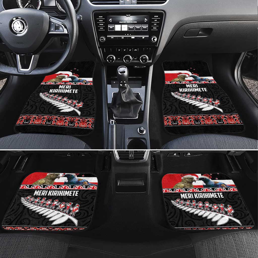 New Zealand Meri Kirihimete Car Mats Christmas Tui Bird and Kea Bird - Haka Santa with Maori Koru Art Pattern LT03 Set 4pcs Black - Polynesian Pride