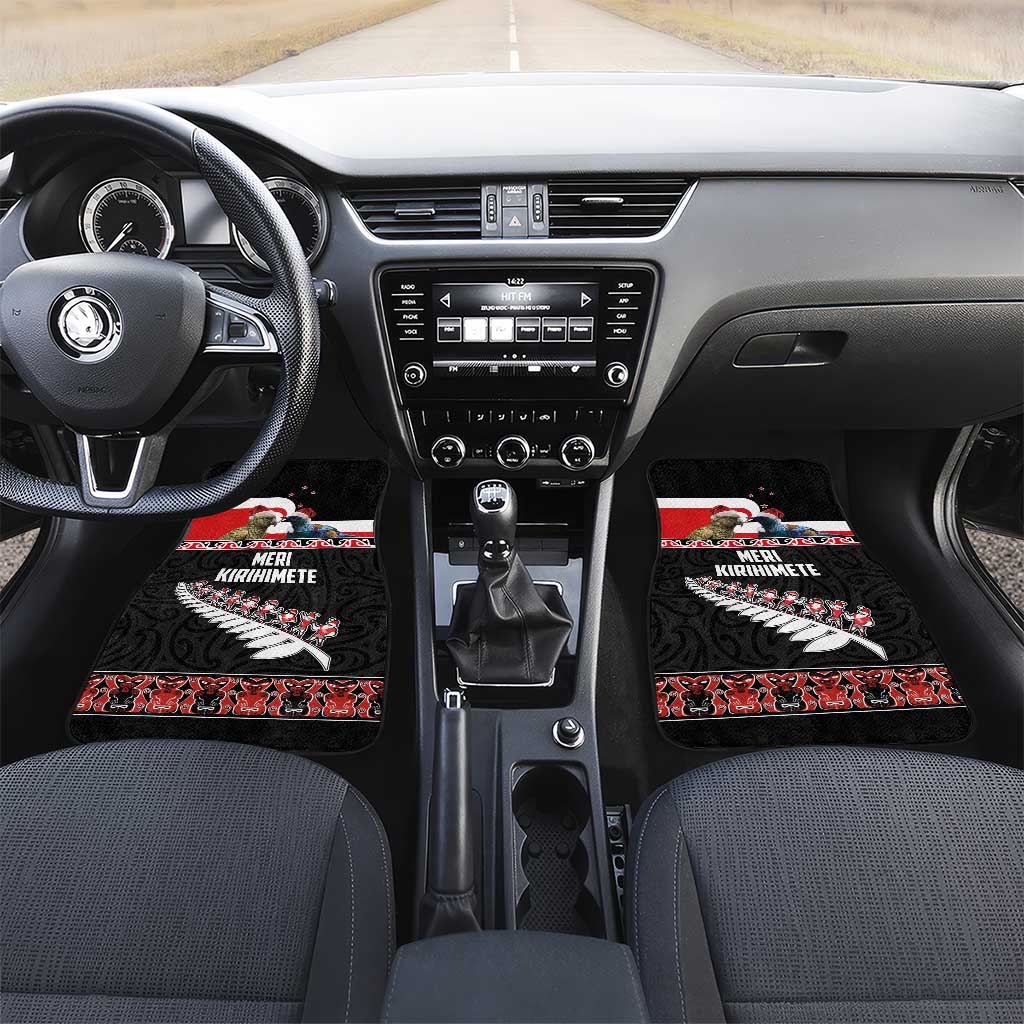 New Zealand Meri Kirihimete Car Mats Christmas Tui Bird and Kea Bird - Haka Santa with Maori Koru Art Pattern LT03 Set 2pcs - Front Black - Polynesian Pride