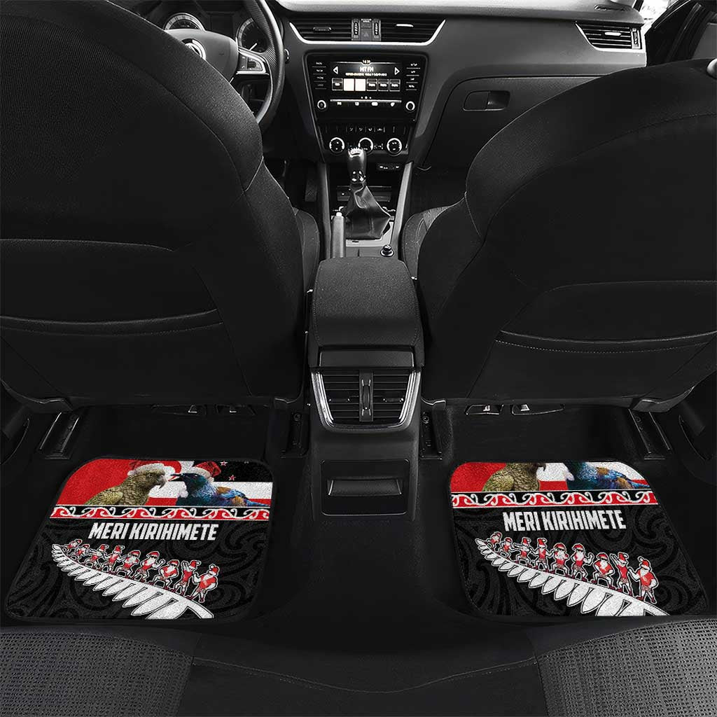 New Zealand Meri Kirihimete Car Mats Christmas Tui Bird and Kea Bird - Haka Santa with Maori Koru Art Pattern LT03 Set 2pcs - Back Black - Polynesian Pride