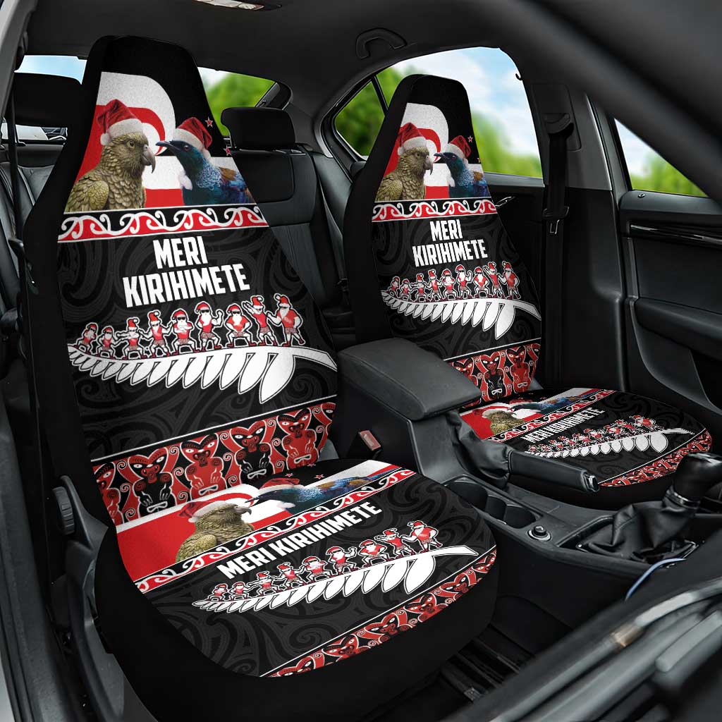 New Zealand Meri Kirihimete Car Seat Cover Christmas Tui Bird and Kea Bird - Haka Santa with Maori Koru Art Pattern LT03 One Size Black - Polynesian Pride