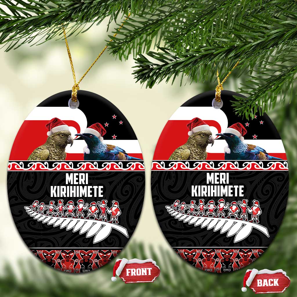 New Zealand Meri Kirihimete Ceramic Ornament Christmas Tui Bird and Kea Bird - Haka Santa with Maori Koru Art Pattern LT03 Oval Black - Polynesian Pride