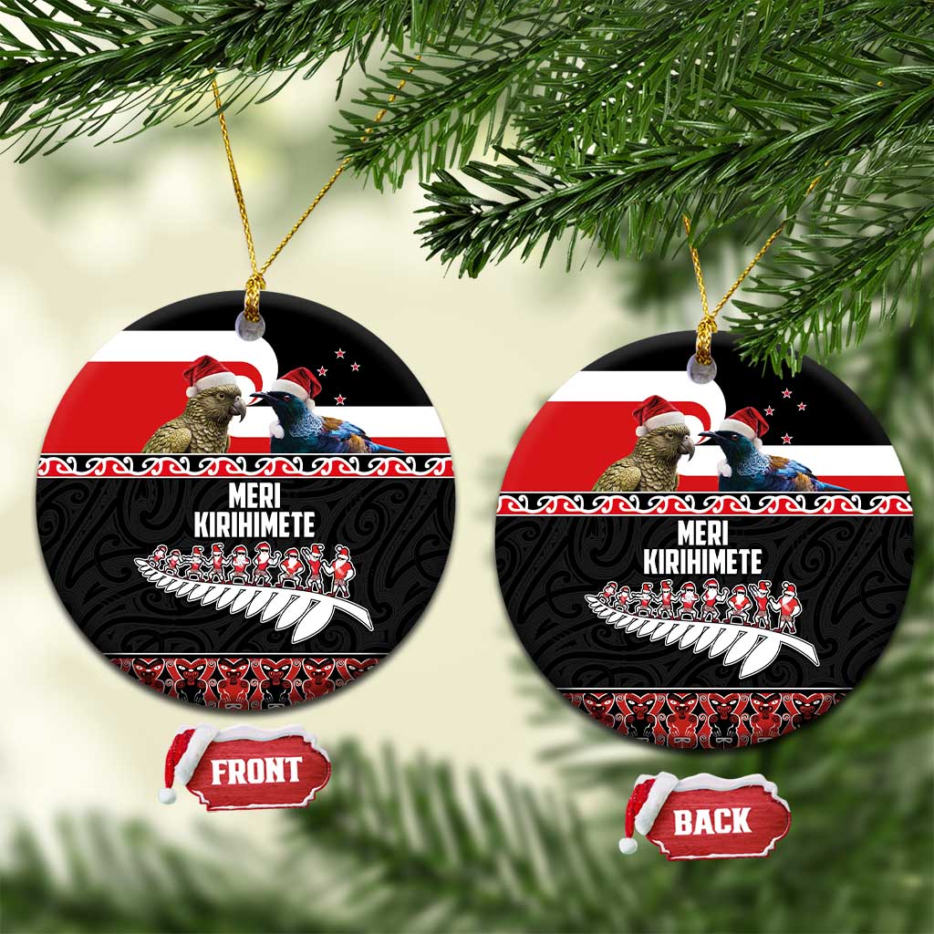 New Zealand Meri Kirihimete Ceramic Ornament Christmas Tui Bird and Kea Bird - Haka Santa with Maori Koru Art Pattern LT03 Circle Black - Polynesian Pride