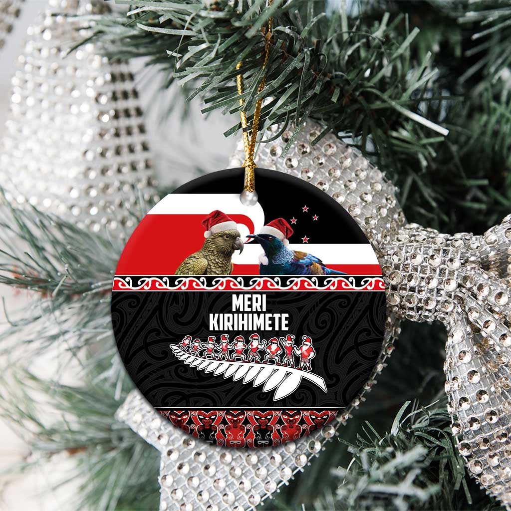 New Zealand Meri Kirihimete Ceramic Ornament Christmas Tui Bird and Kea Bird - Haka Santa with Maori Koru Art Pattern LT03 - Polynesian Pride