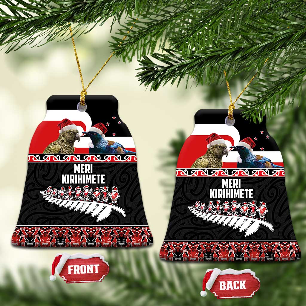 New Zealand Meri Kirihimete Ceramic Ornament Christmas Tui Bird and Kea Bird - Haka Santa with Maori Koru Art Pattern LT03 Bell Flake Black - Polynesian Pride