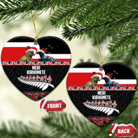 New Zealand Meri Kirihimete Ceramic Ornament Christmas Tui Bird and Kea Bird - Haka Santa with Maori Koru Art Pattern LT03 Heart Black - Polynesian Pride