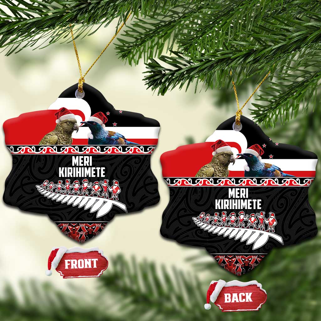 New Zealand Meri Kirihimete Ceramic Ornament Christmas Tui Bird and Kea Bird - Haka Santa with Maori Koru Art Pattern LT03 Snow Flake Black - Polynesian Pride