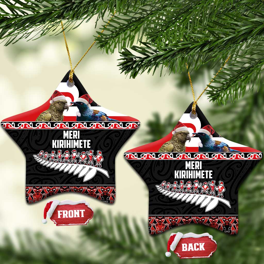 New Zealand Meri Kirihimete Ceramic Ornament Christmas Tui Bird and Kea Bird - Haka Santa with Maori Koru Art Pattern LT03 Star Black - Polynesian Pride