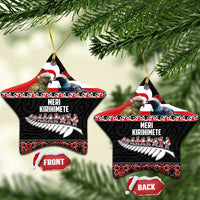 New Zealand Meri Kirihimete Ceramic Ornament Christmas Tui Bird and Kea Bird - Haka Santa with Maori Koru Art Pattern LT03 Star Black - Polynesian Pride