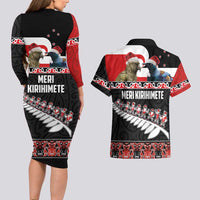 New Zealand Meri Kirihimete Couples Matching Long Sleeve Bodycon Dress and Hawaiian Shirt Christmas Tui Bird and Kea Bird - Haka Santa with Maori Koru Art Pattern LT03 - Polynesian Pride