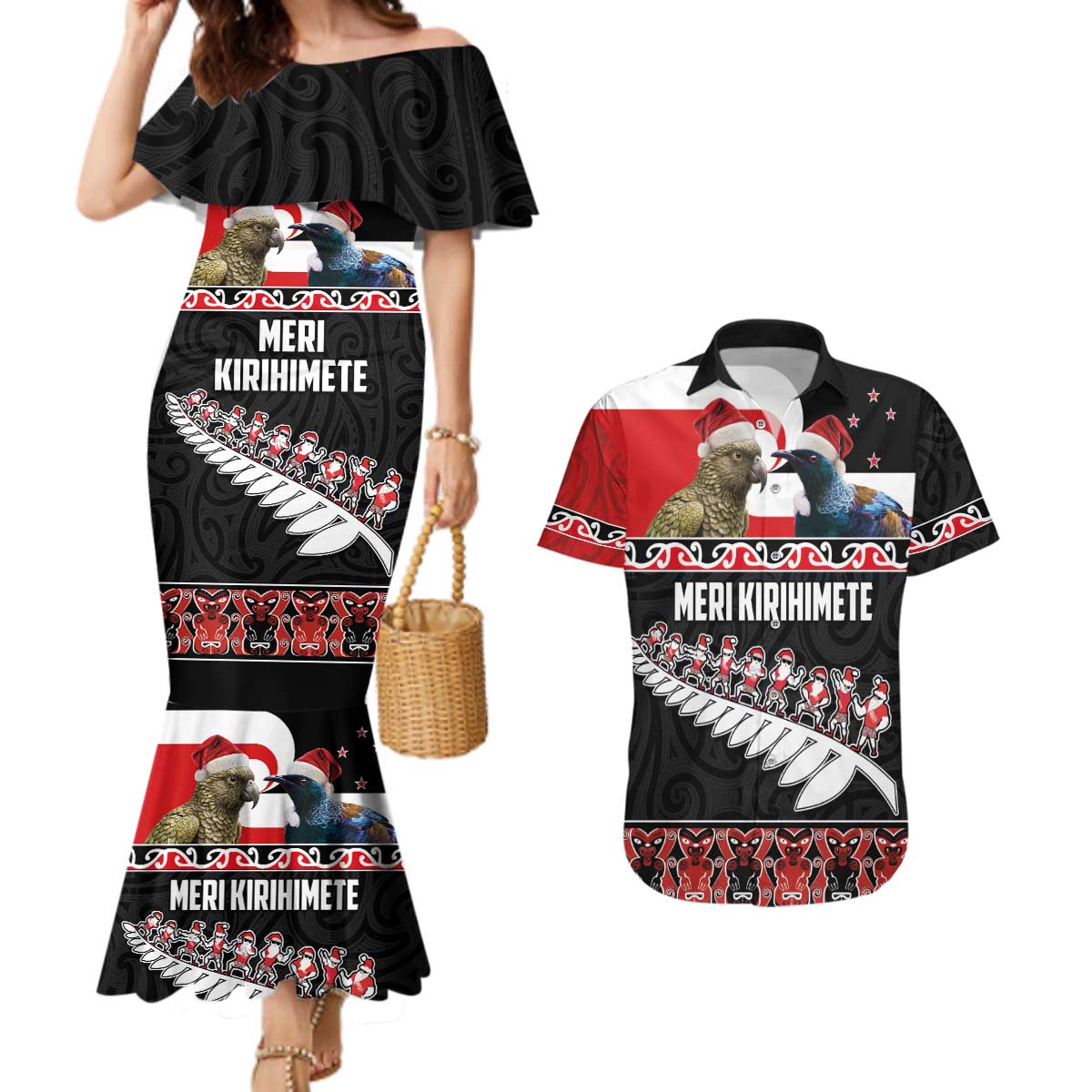 New Zealand Meri Kirihimete Couples Matching Mermaid Dress and Hawaiian Shirt Christmas Tui Bird and Kea Bird - Haka Santa with Maori Koru Art Pattern LT03 Black - Polynesian Pride