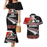 New Zealand Meri Kirihimete Couples Matching Mermaid Dress and Hawaiian Shirt Christmas Tui Bird and Kea Bird - Haka Santa with Maori Koru Art Pattern LT03 Black - Polynesian Pride