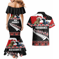 New Zealand Meri Kirihimete Couples Matching Mermaid Dress and Hawaiian Shirt Christmas Tui Bird and Kea Bird - Haka Santa with Maori Koru Art Pattern LT03 - Polynesian Pride