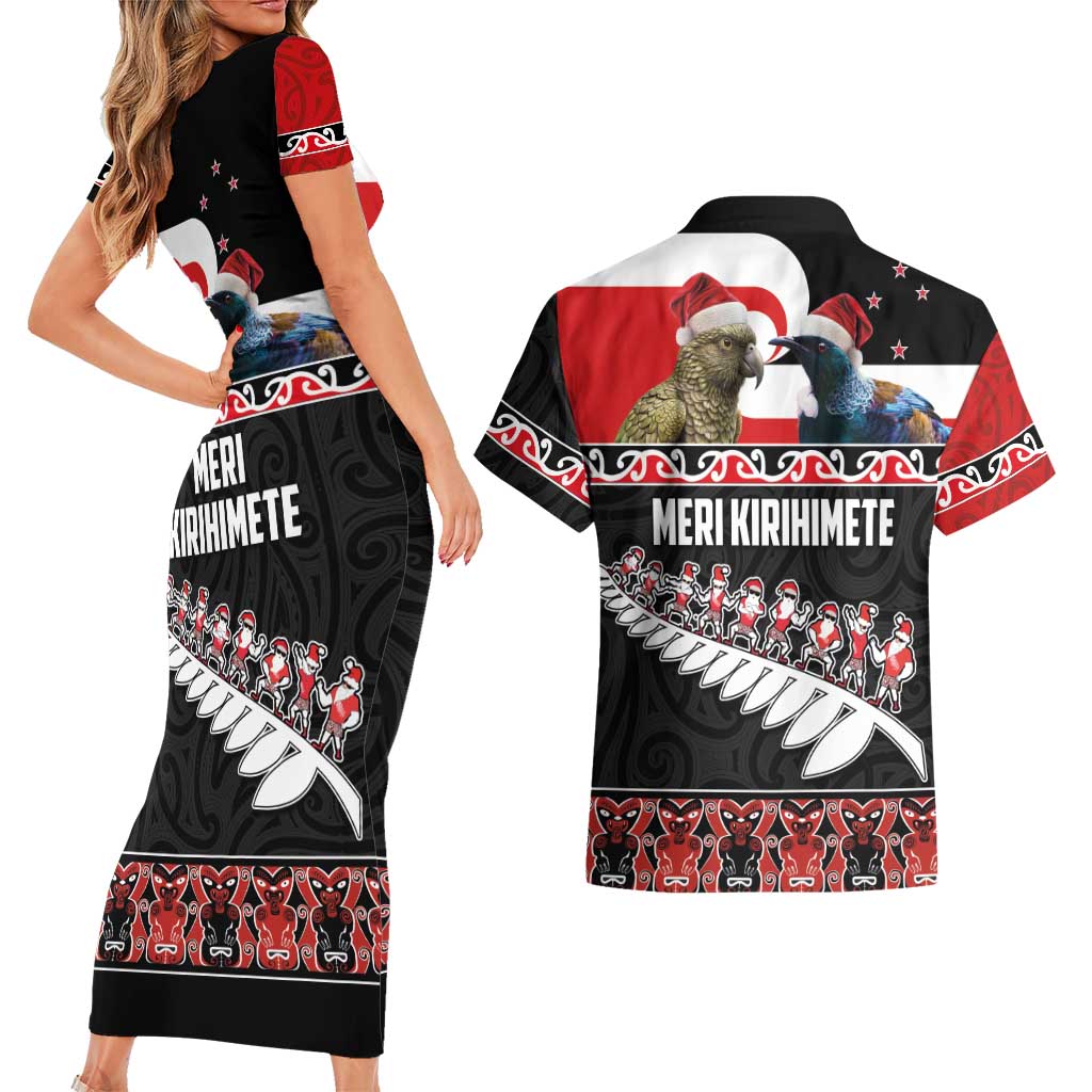 New Zealand Meri Kirihimete Couples Matching Short Sleeve Bodycon Dress and Hawaiian Shirt Christmas Tui Bird and Kea Bird - Haka Santa with Maori Koru Art Pattern LT03 - Polynesian Pride