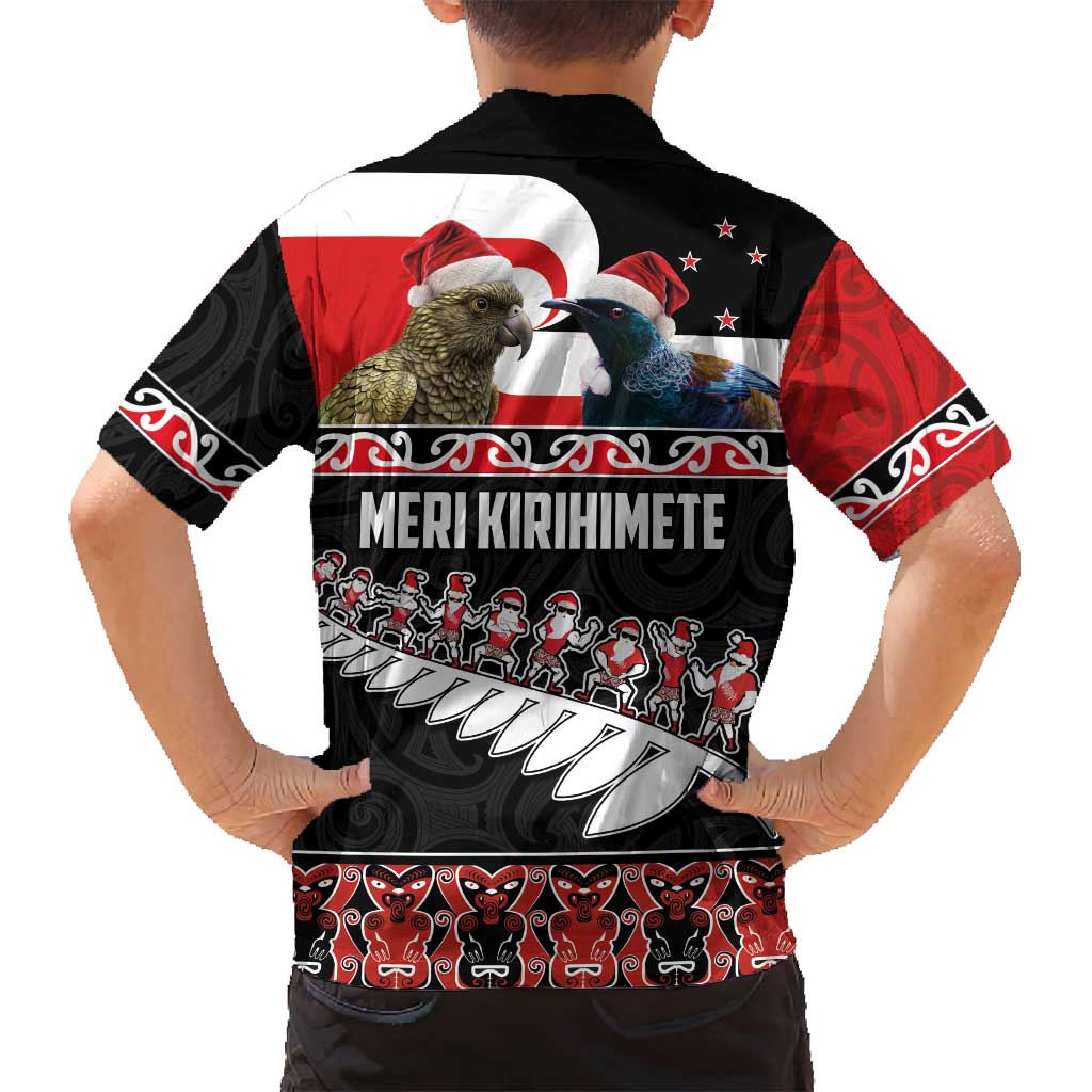 New Zealand Meri Kirihimete Family Matching Long Sleeve Bodycon Dress and Hawaiian Shirt Christmas Tui Bird and Kea Bird - Haka Santa with Maori Koru Art Pattern LT03 - Polynesian Pride